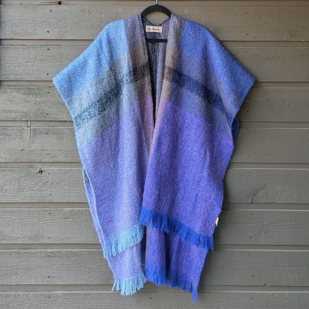 VTG 70s Bechamel Glentex Blue Lavender Black Ruana Wrap Fringe One Size